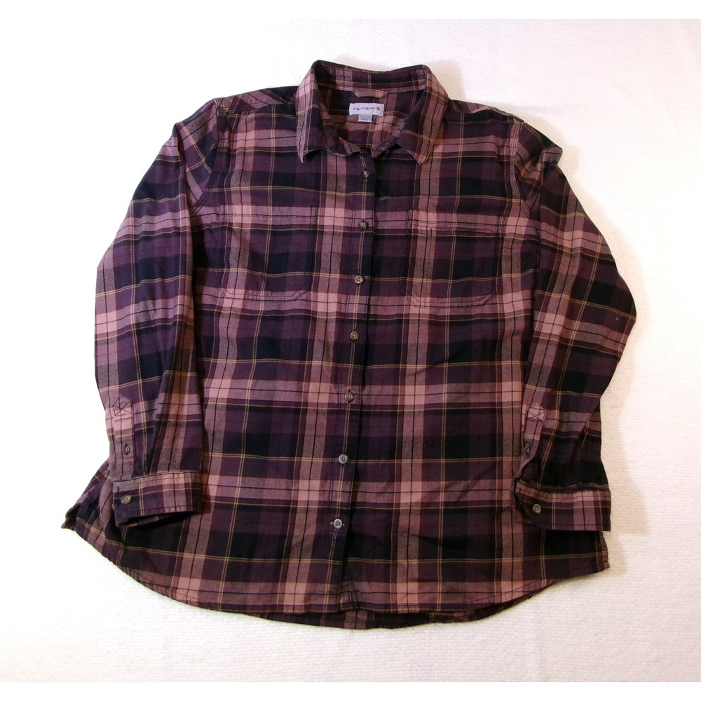 Carhartt Womens 2X Purple Plaid Flannel Button‎ Down Shirt 104111 Long Sleeve
